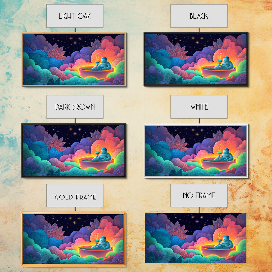 Colorful Vibrant Buddha With Neon Aura And Dynamic Clouds Spiritual Wall Art For Meditation Room And Yoga Studio Canvas Print