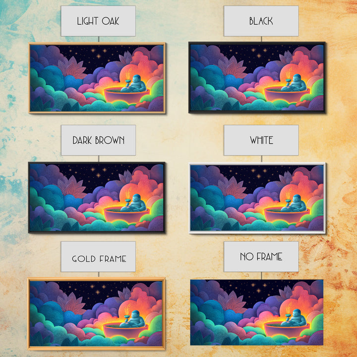 Colorful Vibrant Buddha With Neon Aura And Dynamic Clouds Spiritual Wall Art For Meditation Room And Yoga Studio Canvas Print