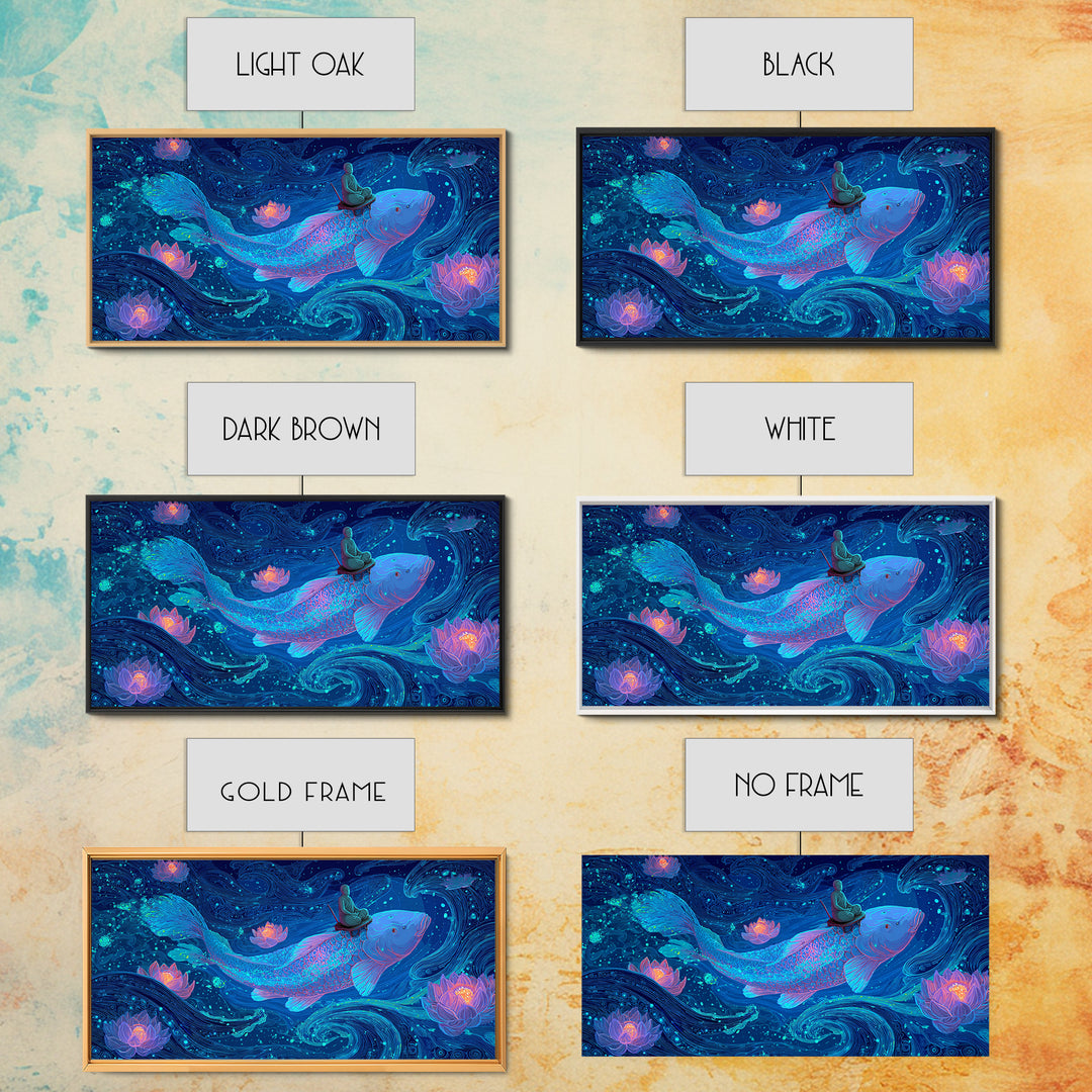 Magical Koi Fish Swimming Among Lotus Flowers In Blue Water Contemporary Wall Art Canvas Print For Zen Home Decor And Spa Rooms