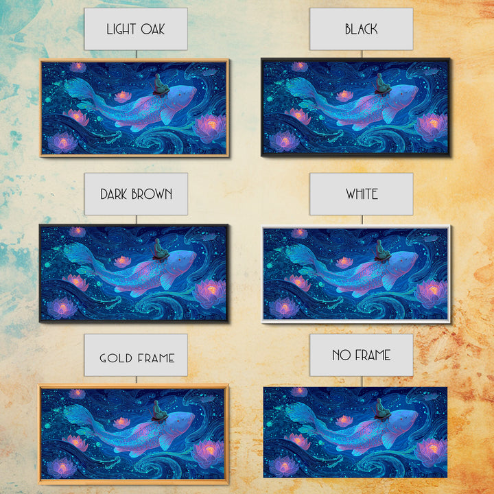 Magical Koi Fish Swimming Among Lotus Flowers In Blue Water Contemporary Wall Art Canvas Print For Zen Home Decor And Spa Rooms