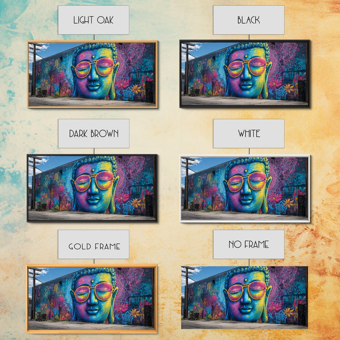 Colorful Graffiti Mural Of Buddha Wearing Sunglasses Vibrant Street Art Wall Art Framed Canvas Print