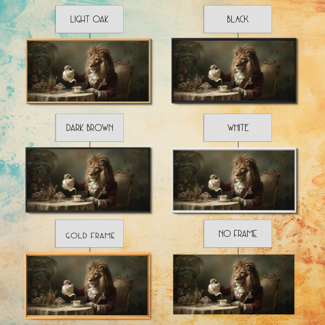 Regal Lion Having Afternoon Tea Wall Art, Whimsical Animal Canvas Print, Funny Bathroom Decor, Unique Gift For Her, Quirky Wall Decor