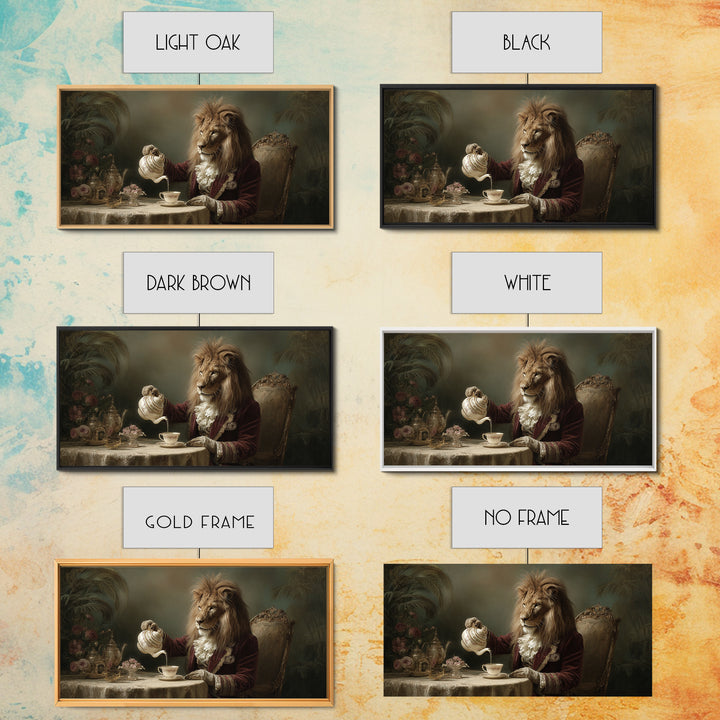 Regal Lion Having Afternoon Tea Wall Art, Whimsical Animal Canvas Print, Funny Bathroom Decor, Unique Gift For Her, Quirky Wall Decor