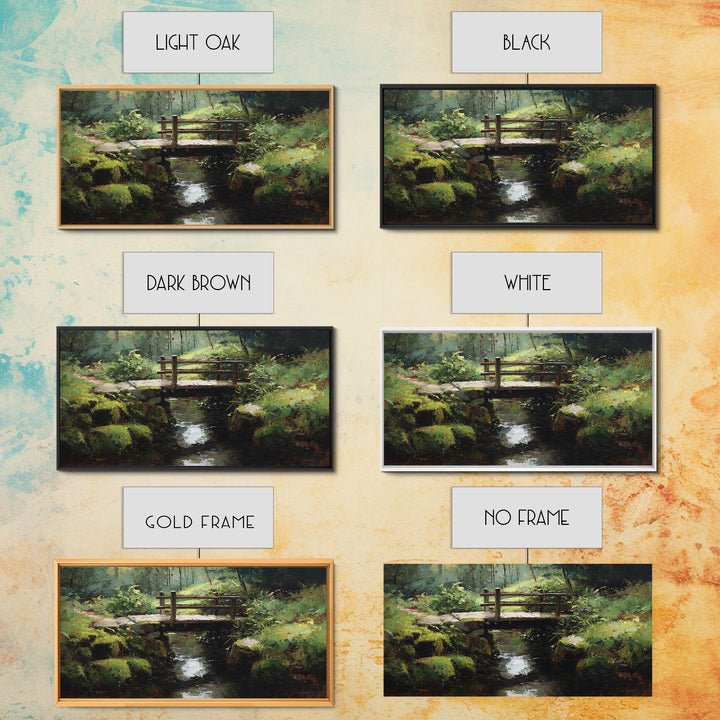 Nature Trail With Wooden Bridge Over Stream Forest Waterfall Landscape Painting Canvas Print Wall Art