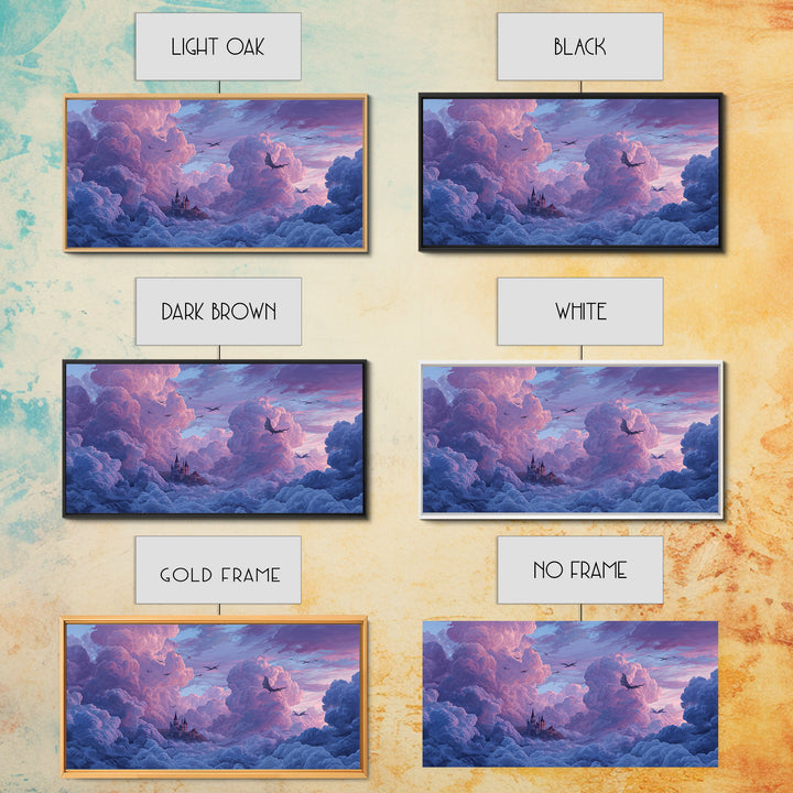 Dragons Soaring Through Lavender Clouds Canvas Print, Whimsical Fantasy Wall Art, Floating Castle Decor, Dreamy Sky Artwork