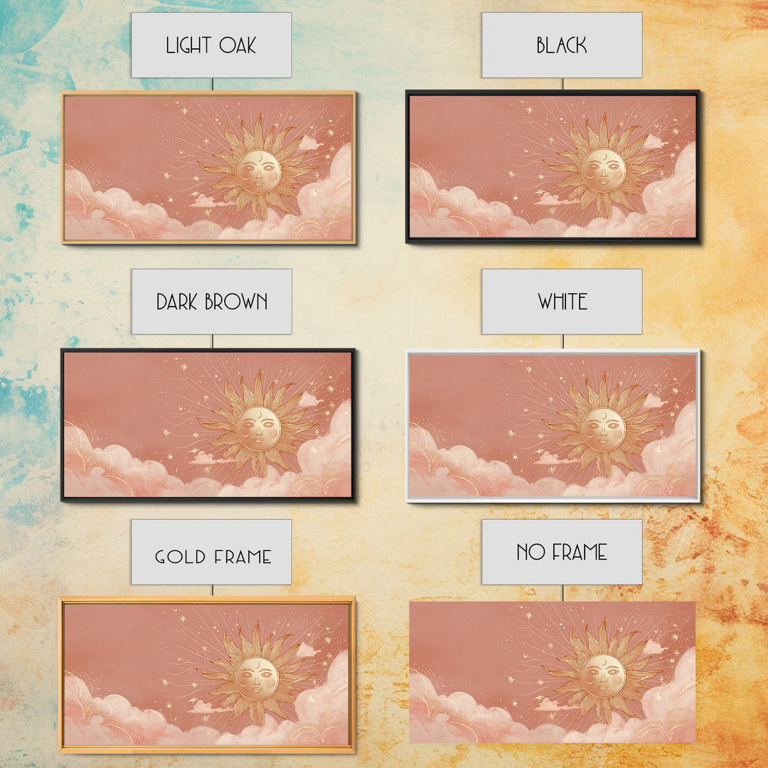 Peach Boho Sun Face In Cloudy Sky Wall Art, Celestial Art Print, Nursery Wall Decor, Whimsical Kids Room Decor Gift For Her