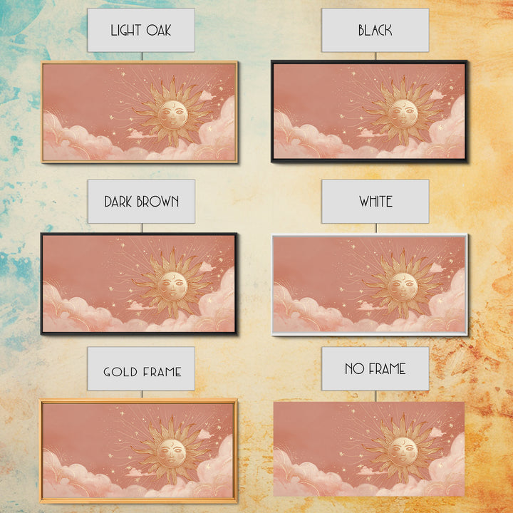Peach Boho Sun Face In Cloudy Sky Wall Art, Celestial Art Print, Nursery Wall Decor, Whimsical Kids Room Decor Gift For Her