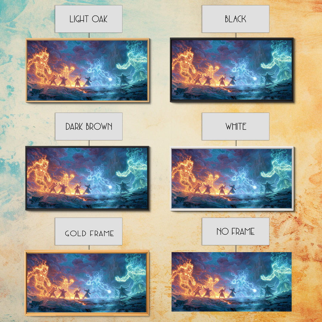 Elemental Dragon Battle Canvas Print, Fire And Ice Fantasy Wall Art, Epic Magic Warrior Decor, RPG Gamer Room Gift For Him