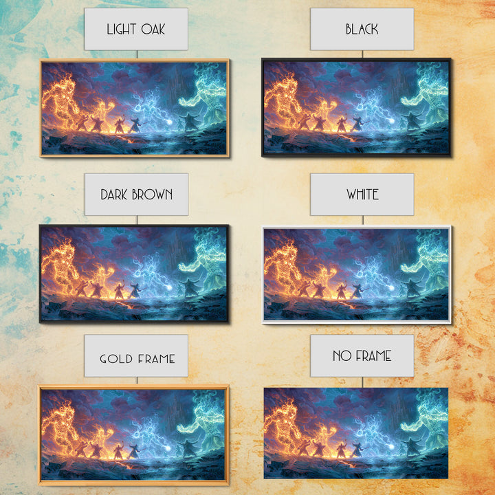 Elemental Dragon Battle Canvas Print, Fire And Ice Fantasy Wall Art, Epic Magic Warrior Decor, RPG Gamer Room Gift For Him