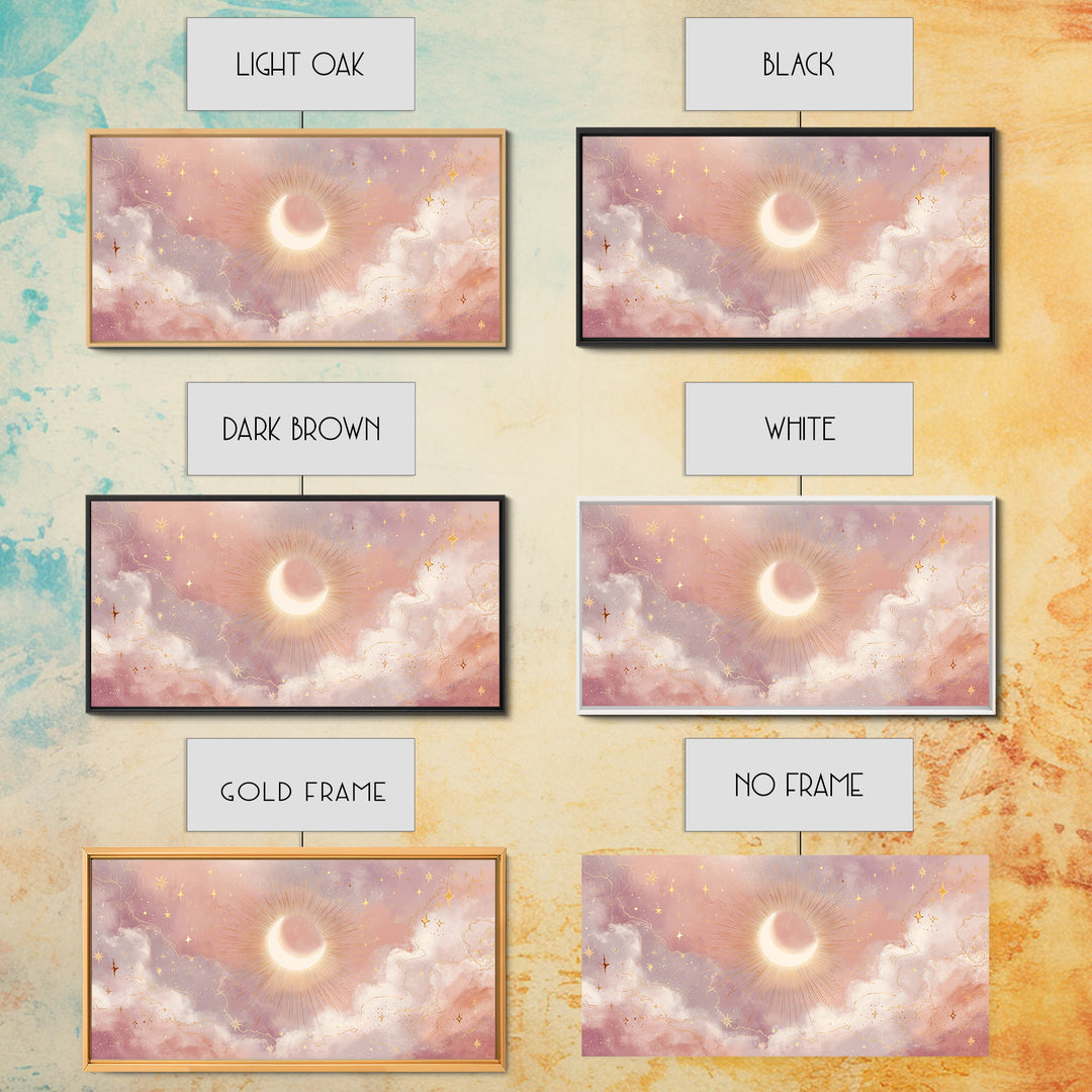 Glowing Solar Eclipse With Pink Clouds Wall Art, Celestial Canvas Print, Moon And Stars Decor, Dreamy Bedroom Decor Gift For Her