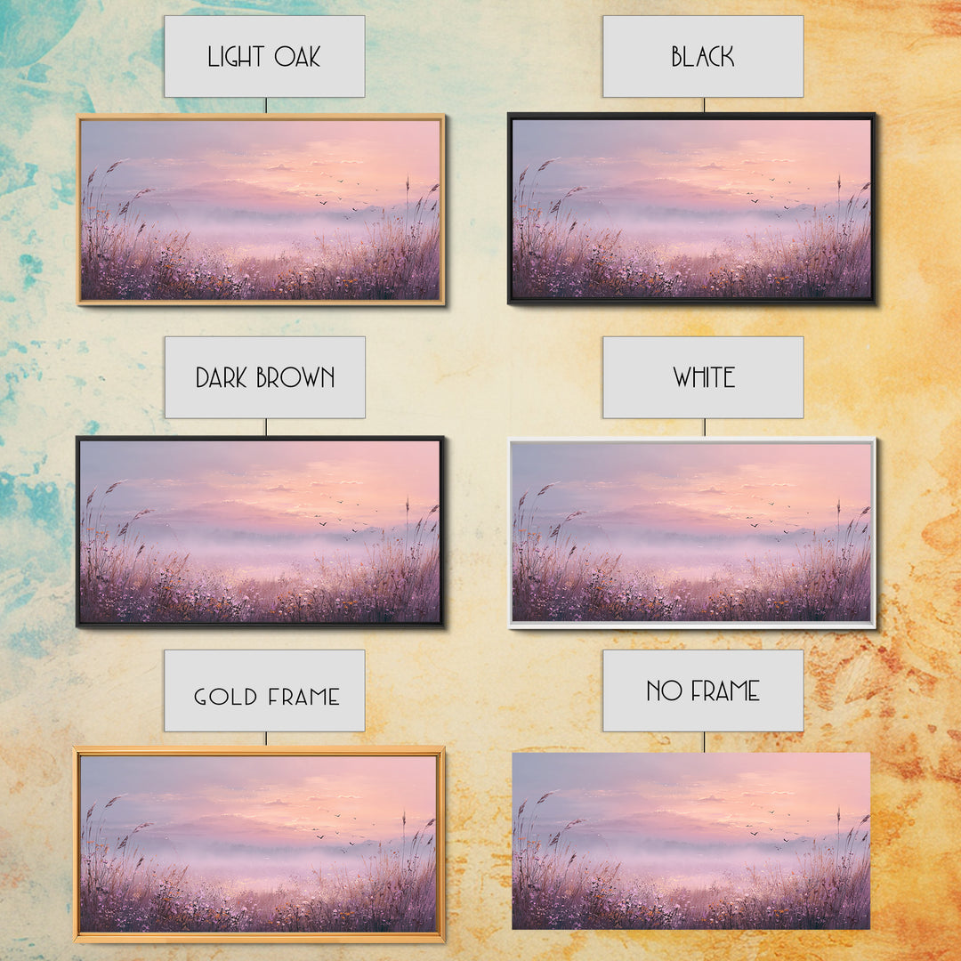 Misty Pink Sunrise Meadow Landscape Wall Art, Wildflower Canvas Print, Nature Wall Decor, Calming Bedroom Decor Gift For Her