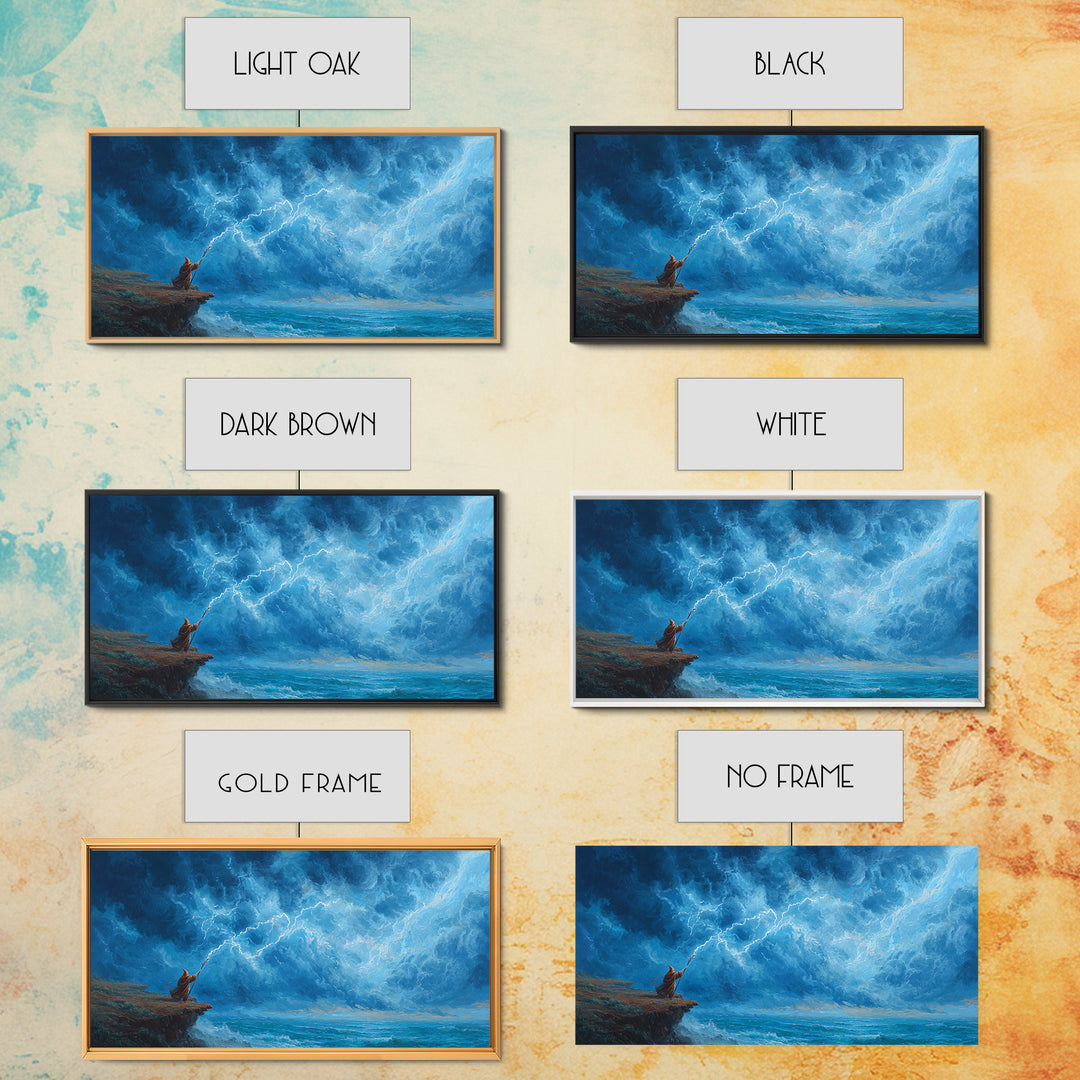 Lone Mage Facing Lightning Storm Wall Art, Fantasy Seascape Canvas, Blue Ocean Painting, Dramatic Large Wall Decor For Him