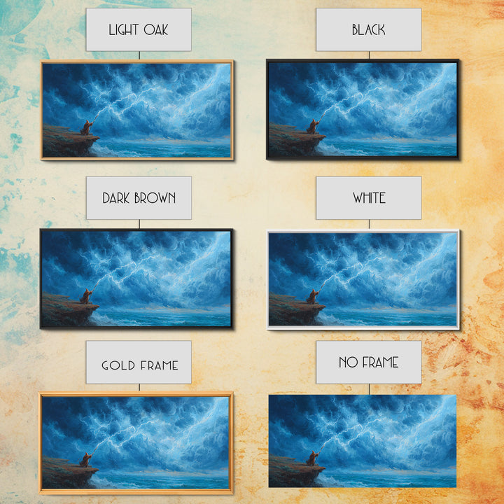 Lone Mage Facing Lightning Storm Wall Art, Fantasy Seascape Canvas, Blue Ocean Painting, Dramatic Large Wall Decor For Him
