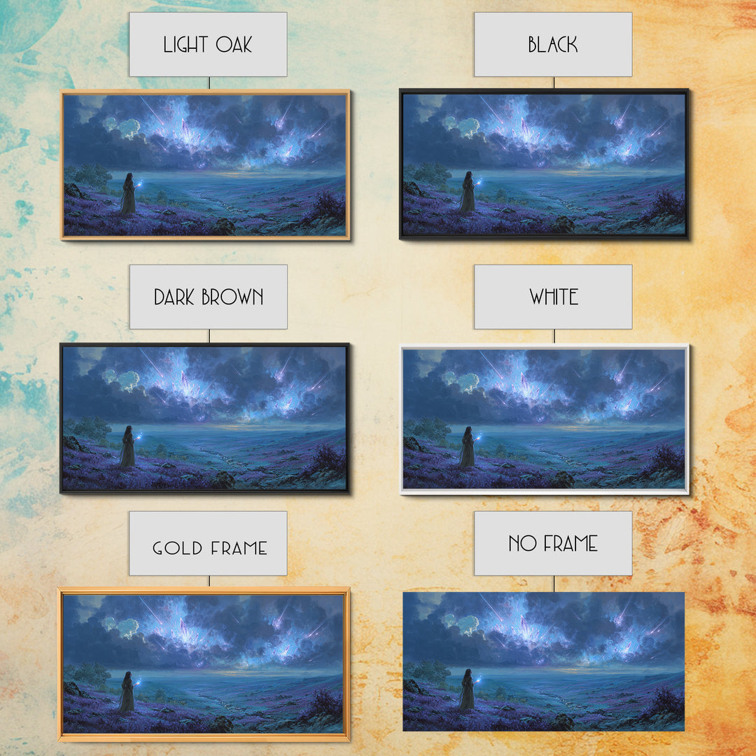 Cosmic Sorceress Under Meteor Sky Wall Art, Fantasy Landscape Canvas, Celestial Space Decor, Mystical Blue Home Decor Gift