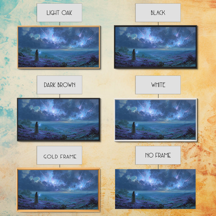 Cosmic Sorceress Under Meteor Sky Wall Art, Fantasy Landscape Canvas, Celestial Space Decor, Mystical Blue Home Decor Gift