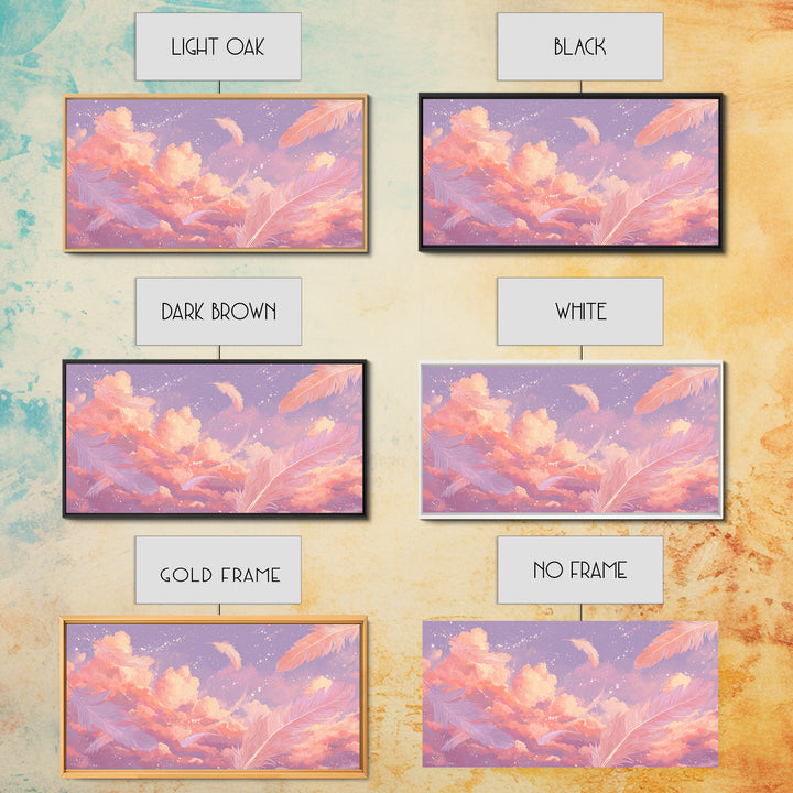 Peach Pink Cloudscape With Feathers Wall Art, Celestial Pastel Sky Canvas Print, Dreamy Nursery And Bedroom Decor, Gift For Her