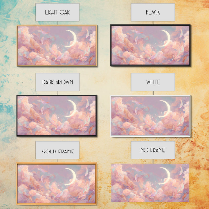 Crescent Moon And Pastel Feather Clouds Canvas Print, Celestial Wall Art, Soft Pink Nursery Decor, Dreamy Bedroom Decor, Gift