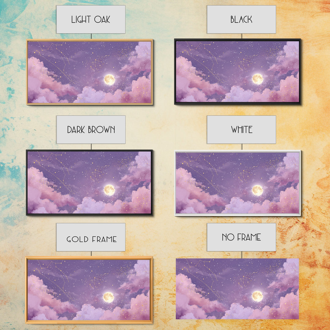 Full Moon Purple Night Sky Wall Art, Gold Constellations And Clouds Canvas Print, Celestial Bedroom Decor Gift, Astrology Wall Decor