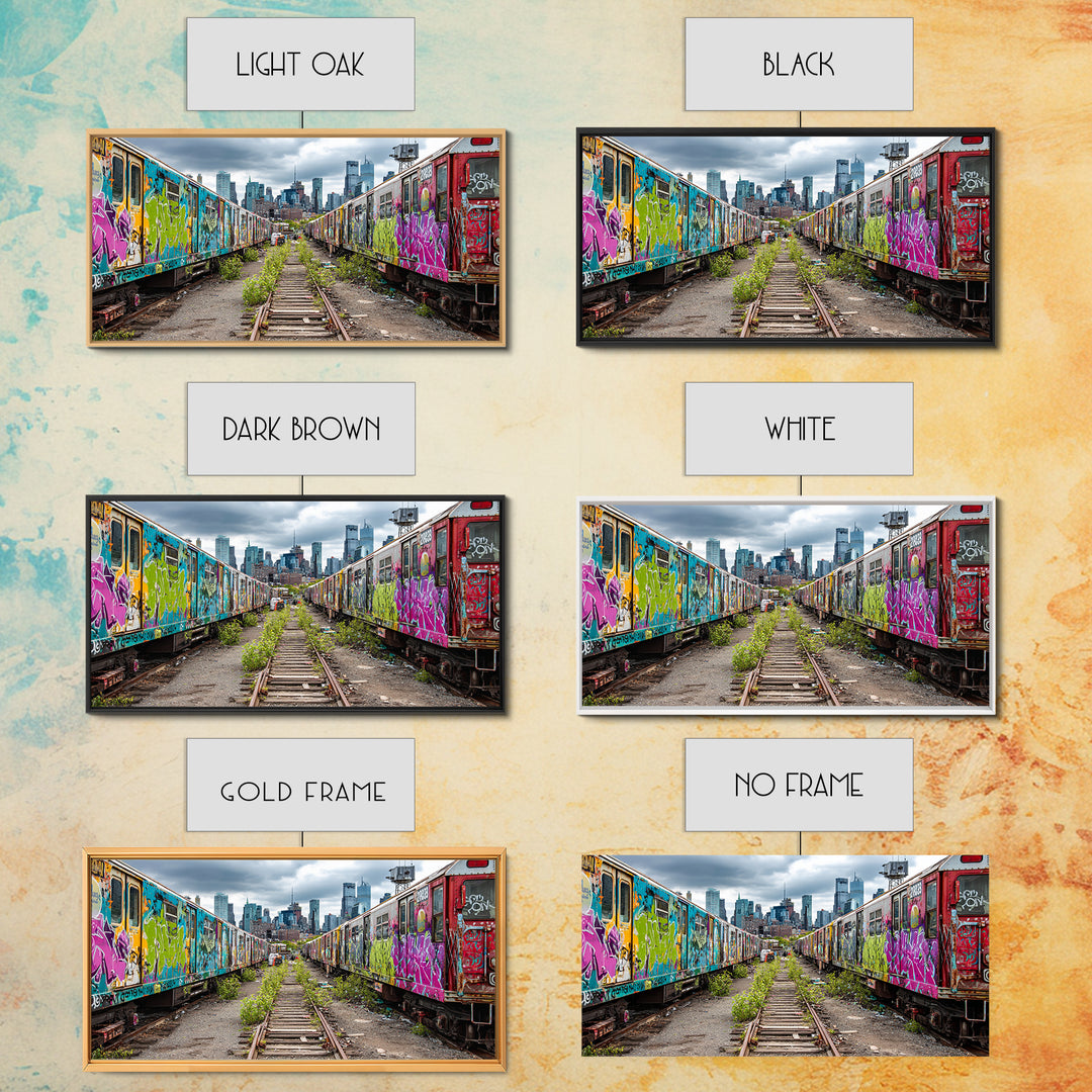 Graffiti Train Yard With City Skyline Wall Art, Urban Street Art Canvas Print, Colorful Industrial Decor, Modern Loft Gift