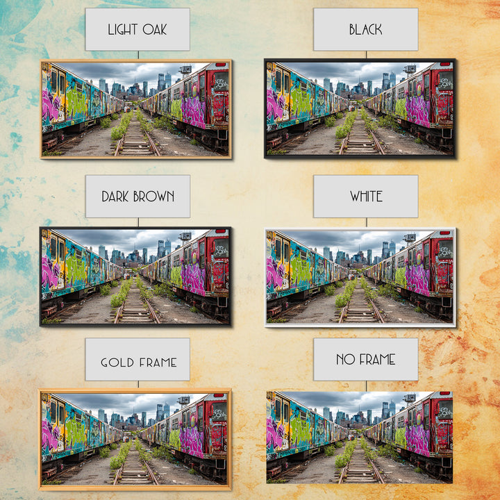Graffiti Train Yard With City Skyline Wall Art, Urban Street Art Canvas Print, Colorful Industrial Decor, Modern Loft Gift