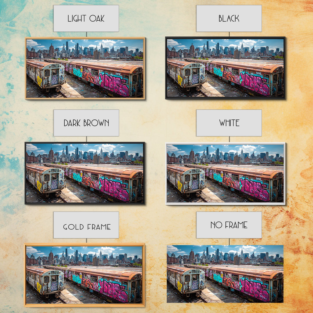 Graffiti Subway Trains With New York Skyline Wall Art, Urban Street Art Canvas Print, NYC Decor, Industrial Office Poster