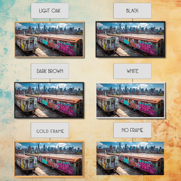 Graffiti Subway Trains With New York Skyline Wall Art, Urban Street Art Canvas Print, NYC Decor, Industrial Office Poster
