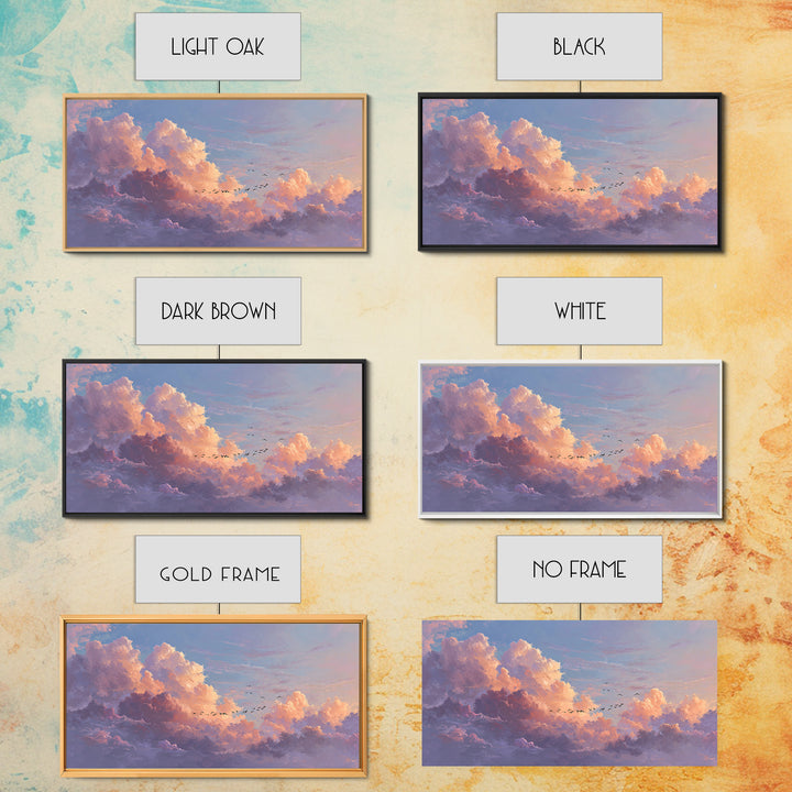 Dramatic Pastel Cloudscape With Birds Canvas Print, Sunset Sky Wall Art, Large Landscape Decor For Living Room, Office Decor