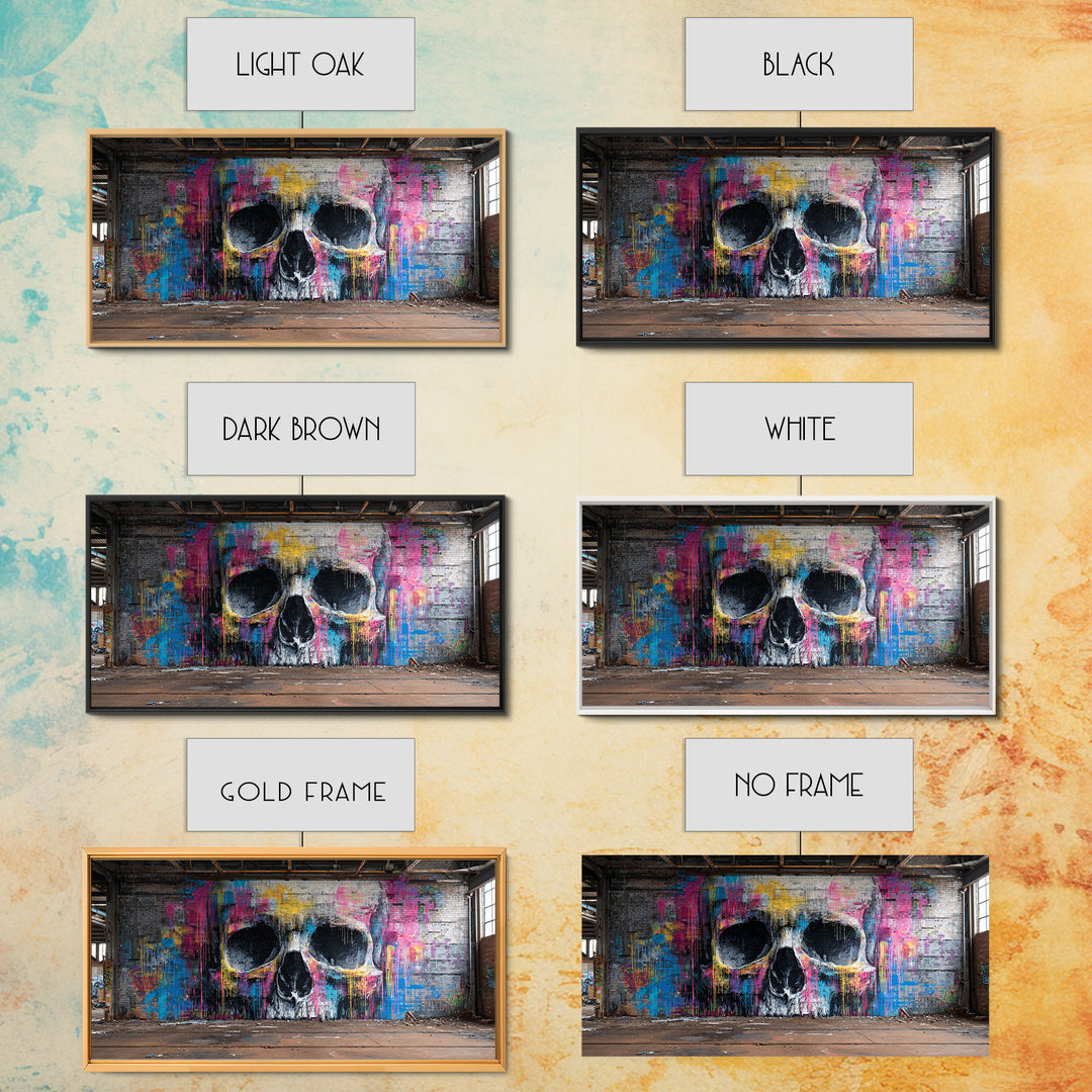 Neon Graffiti Skull Mural In Abandoned Warehouse Wall Art, Street Art Print, Gothic Decor, Edgy Urban Poster, Man Cave Decor