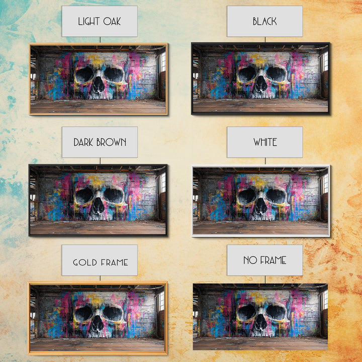 Neon Graffiti Skull Mural In Abandoned Warehouse Wall Art, Street Art Print, Gothic Decor, Edgy Urban Poster, Man Cave Decor
