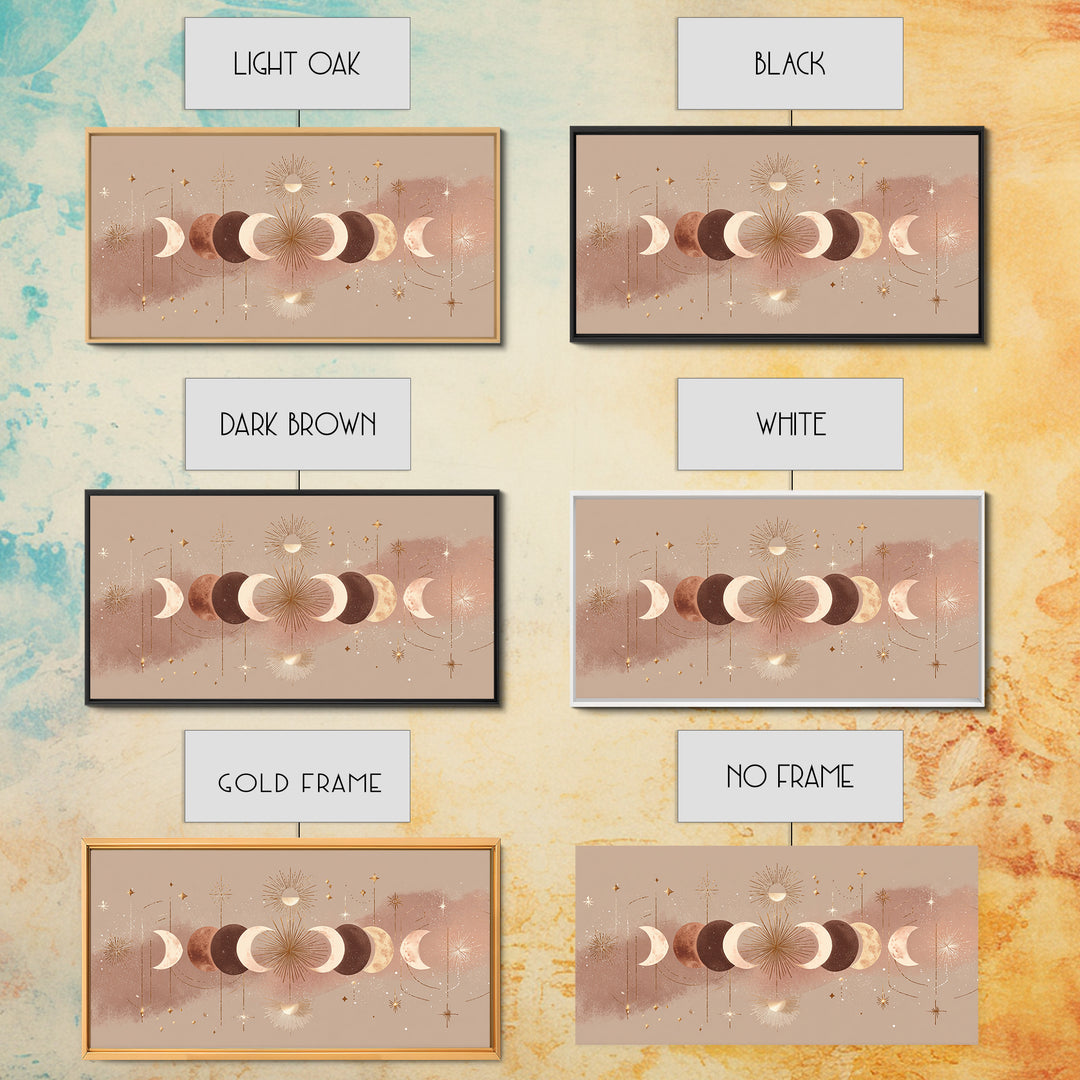 Boho Moon Phases And Radiant Sun Wall Art, Celestial Decor, Mystical Stars Print, Neutral Boho Bedroom Gallery Canvas Print
