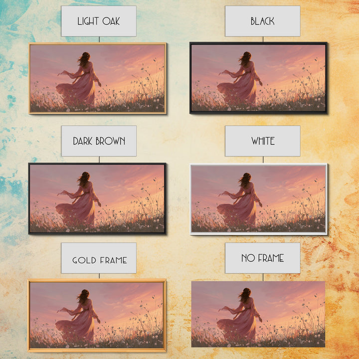 Woman In Pink Dress Sunset Meadow Canvas Print, Romantic Wall Art, Feminine Floral Decor, Dreamy Bedroom Living Room Art Gift For Her