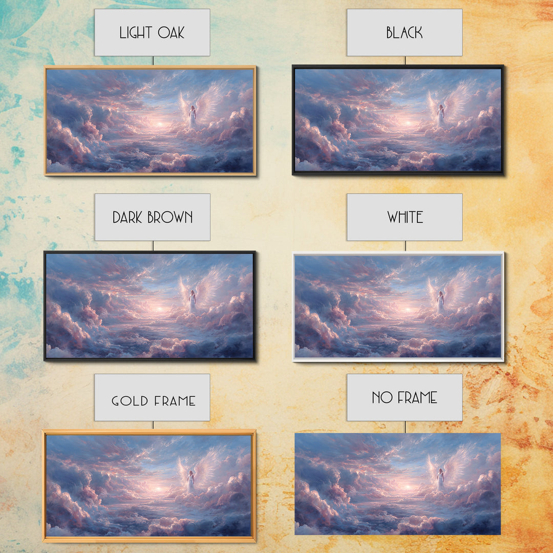 Angel In Pastel Heaven Clouds Framed Canvas Print, Dreamy Celestial Wall Art, Spiritual Sky Home Decor, Serene Gift For Her