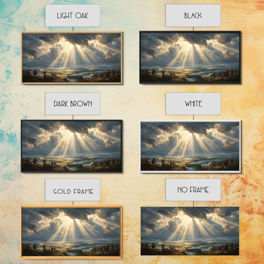 Heavenly Battlefield Canvas Print, Angelic Sun Rays Wall Art, Epic Soldiers Landscape, Christian Home Decor For Living Room