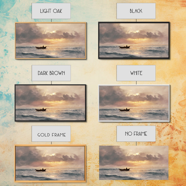 Solitary Fishing Boat At Golden Sunrise Canvas Print, Coastal Wall Art, Ocean Painting, Seascape Decor, Living Room Art Gift