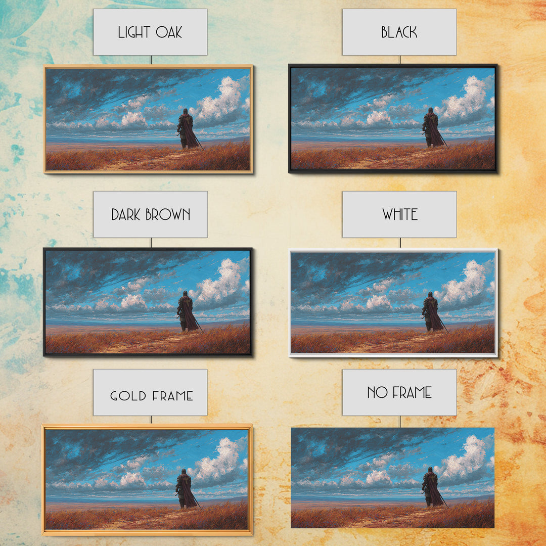 Lone Knight Coastal Fantasy Landscape Wall Art, Medieval Warrior Canvas, Moody Sky Print, Gamer Room Decor Housewarming Gift
