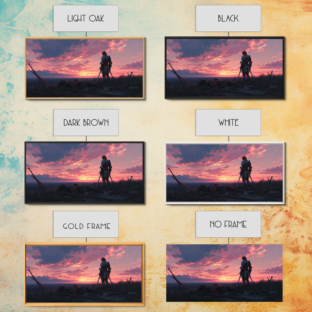 Lonely Warrior Sunset Wall Art, Medieval Battlefield Canvas Print, Moody Fantasy Landscape Decor, Gift For Him Office Art