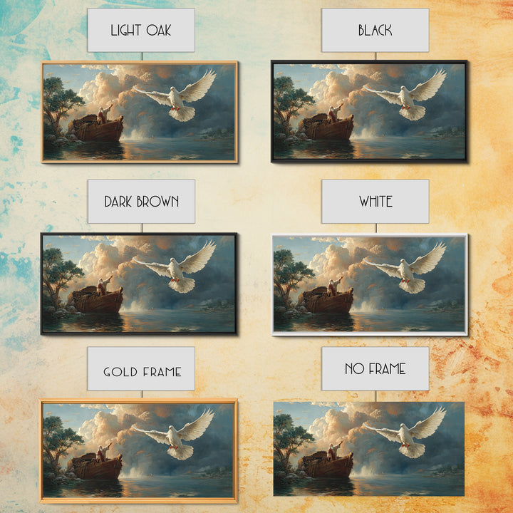 Noah Releasing White Dove From Ark Framed Canvas Print, Biblical Wall Art, Christian Decor, Spiritual Gift For Prayer Room