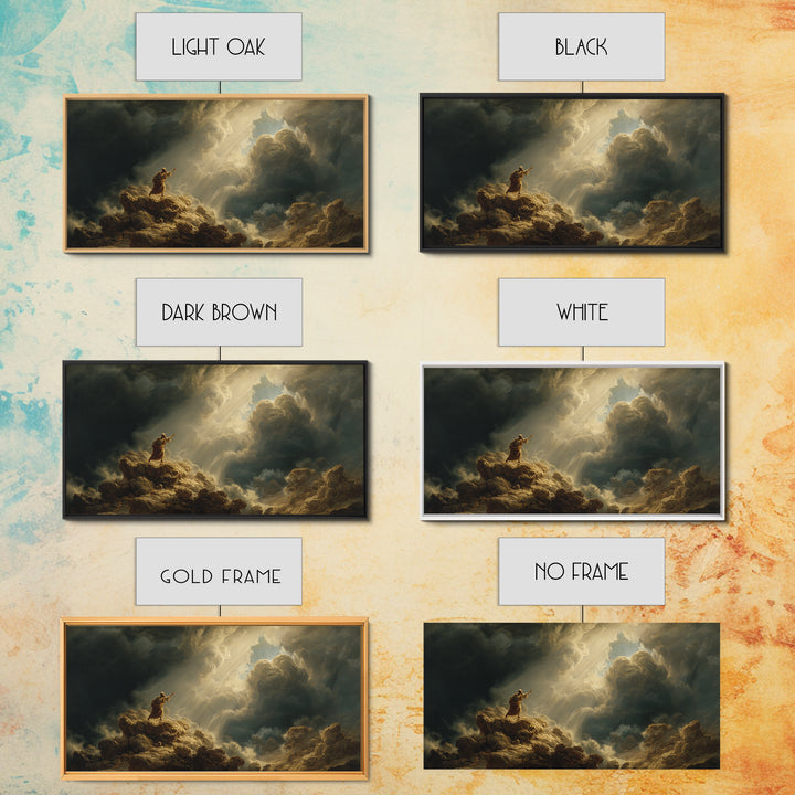 Prophet On Stormy Mountain Canvas Print, Biblical Wall Art, Divine Light Clouds, Spiritual Landscape Decor Gift For Prayer Room