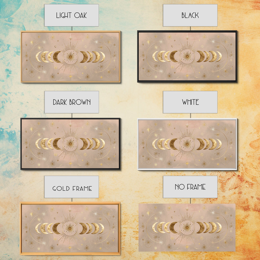 Gold Moon Phase Celestial Wall Art, Mystical Stars And Sun, Boho Bedroom Decor, Astrology Gifts, Above Bed Canvas Print Decor