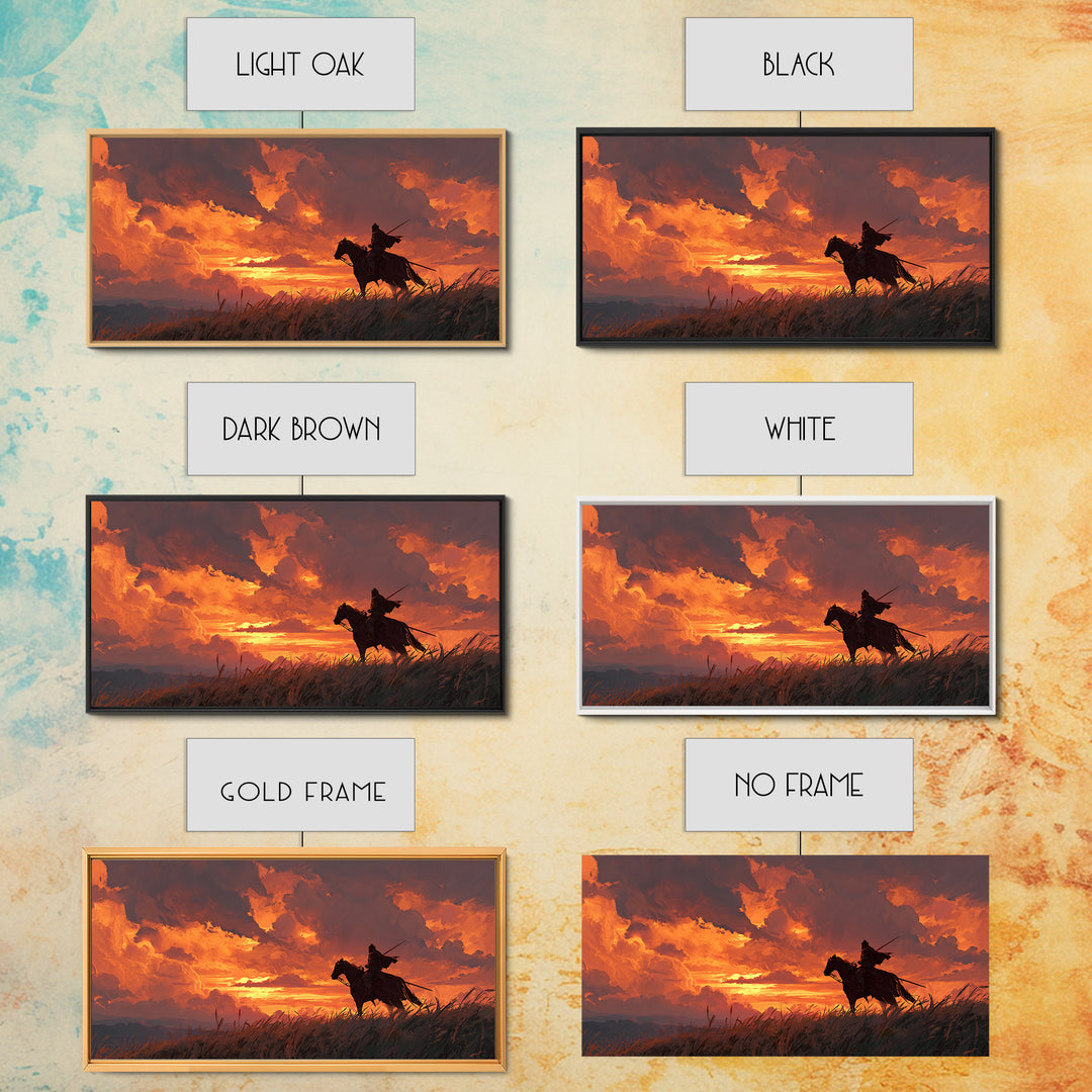 Lone Horseman At Fiery Sunset Wall Art, Western Cowboy Canvas Print, Rustic Landscape Decor, Masculine Office Gift For Him