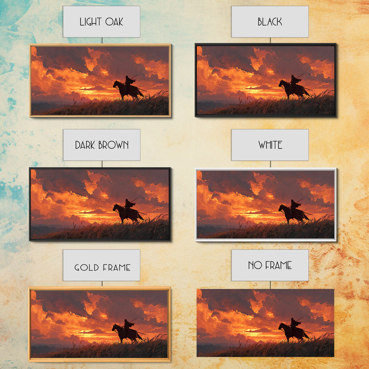 Lone Horseman At Fiery Sunset Wall Art, Western Cowboy Canvas Print, Rustic Landscape Decor, Masculine Office Gift For Him