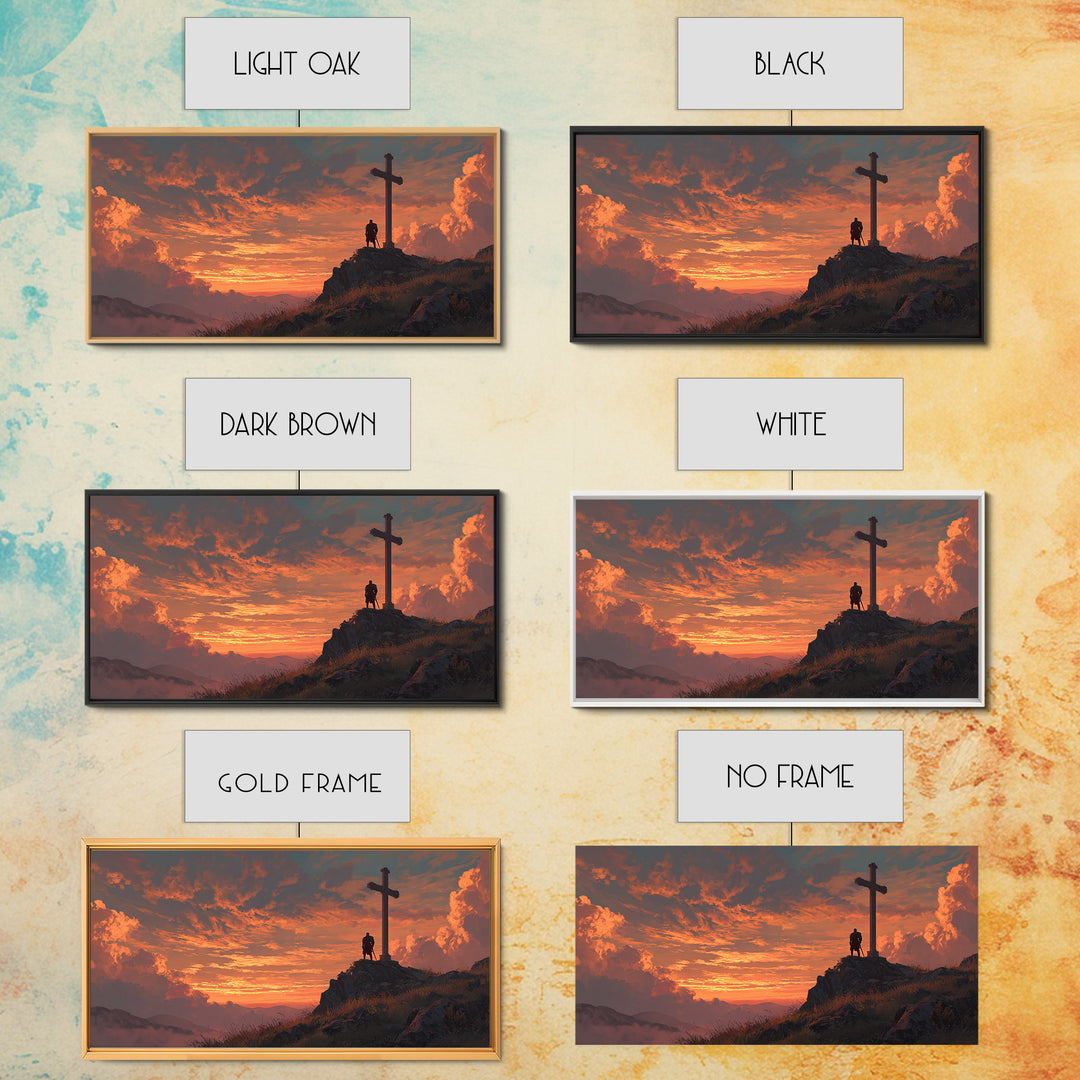 Fiery Sunset Cross On Mountain Ridge Wall Art, Christian Landscape Canvas Print, Spiritual Home Decor, Prayer Room Gift Idea