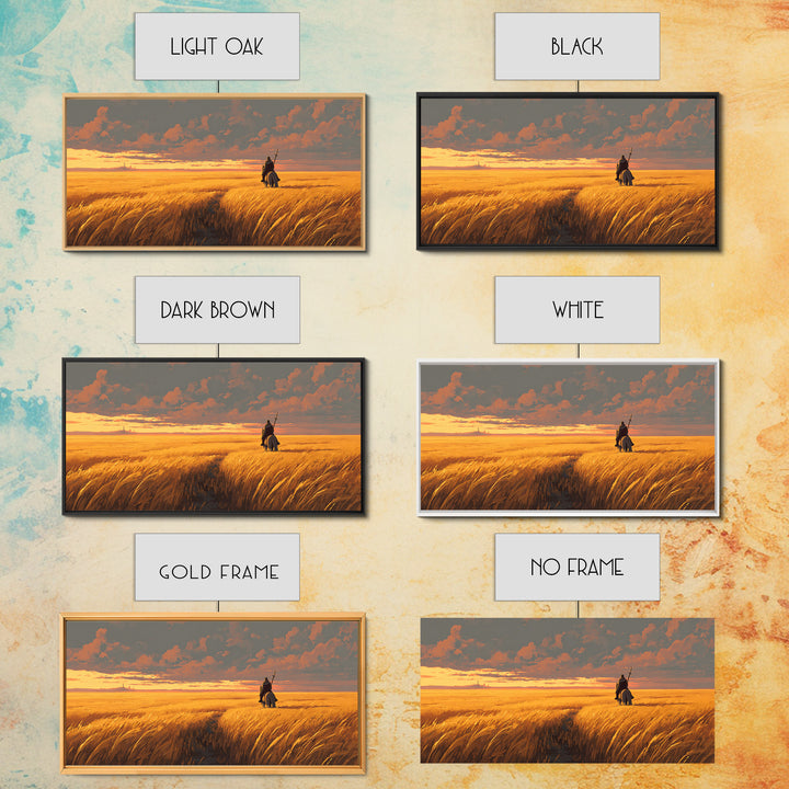 Lone Warrior In Golden Wheat Canvas Print, Sunset Fantasy Landscape Art, Western Rider Decor, Gift For Him, Rustic Home Decor