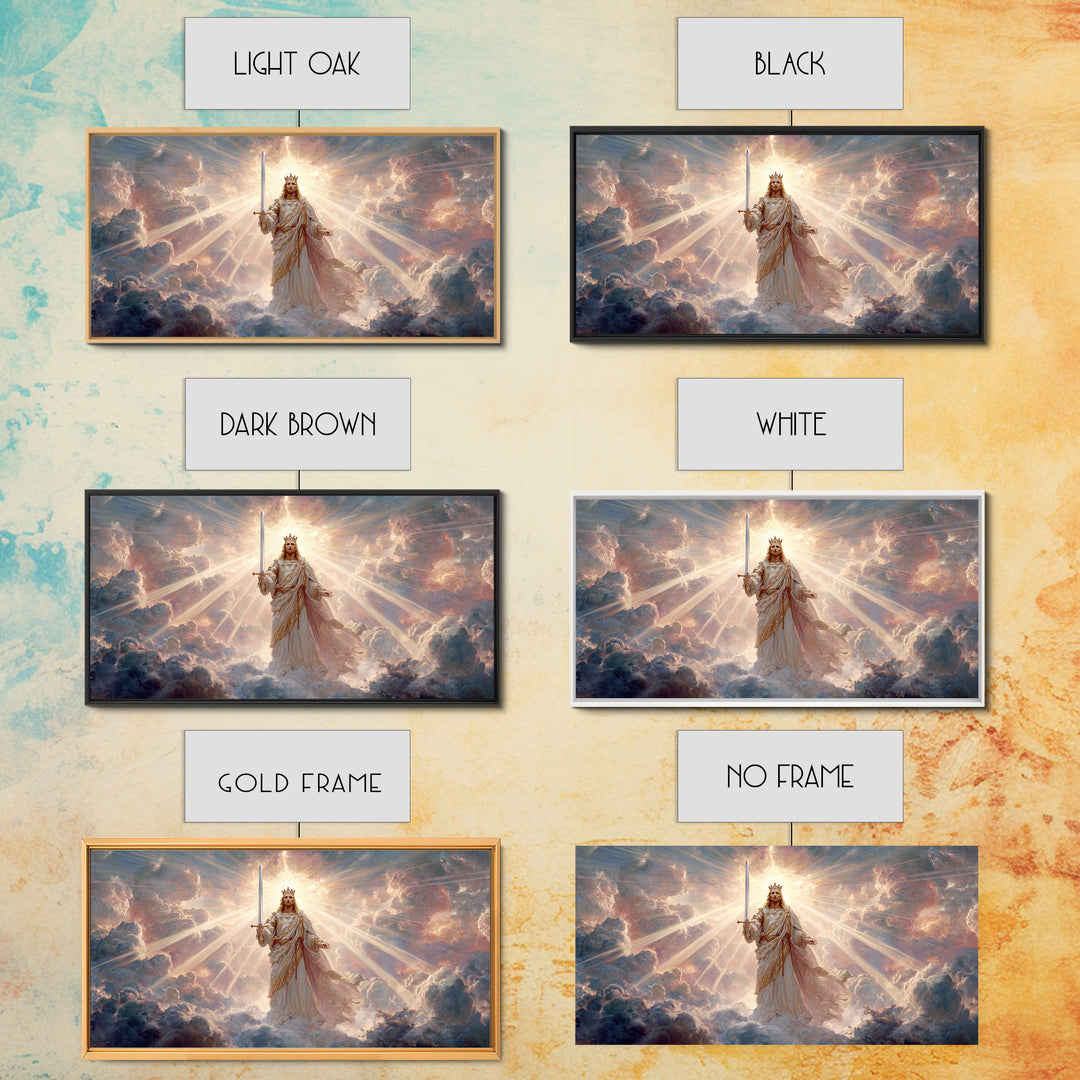 Radiant Heavenly King Canvas Print, Christian Wall Art, Divine Sword And Clouds, Spiritual Fine Art For Prayer Room Decor