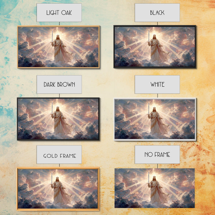 Radiant Heavenly King Canvas Print, Christian Wall Art, Divine Sword And Clouds, Spiritual Fine Art For Prayer Room Decor