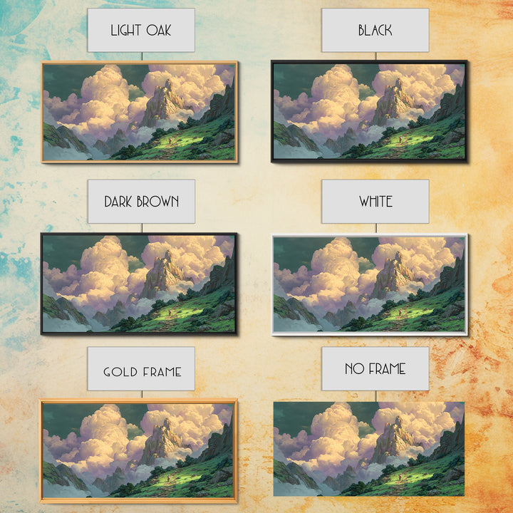 Sunlit Fantasy Mountain Kingdom Wall Art, Whimsical Cloud Landscape Canvas Print, Dreamy Nature Decor For Nursery And Bedroom