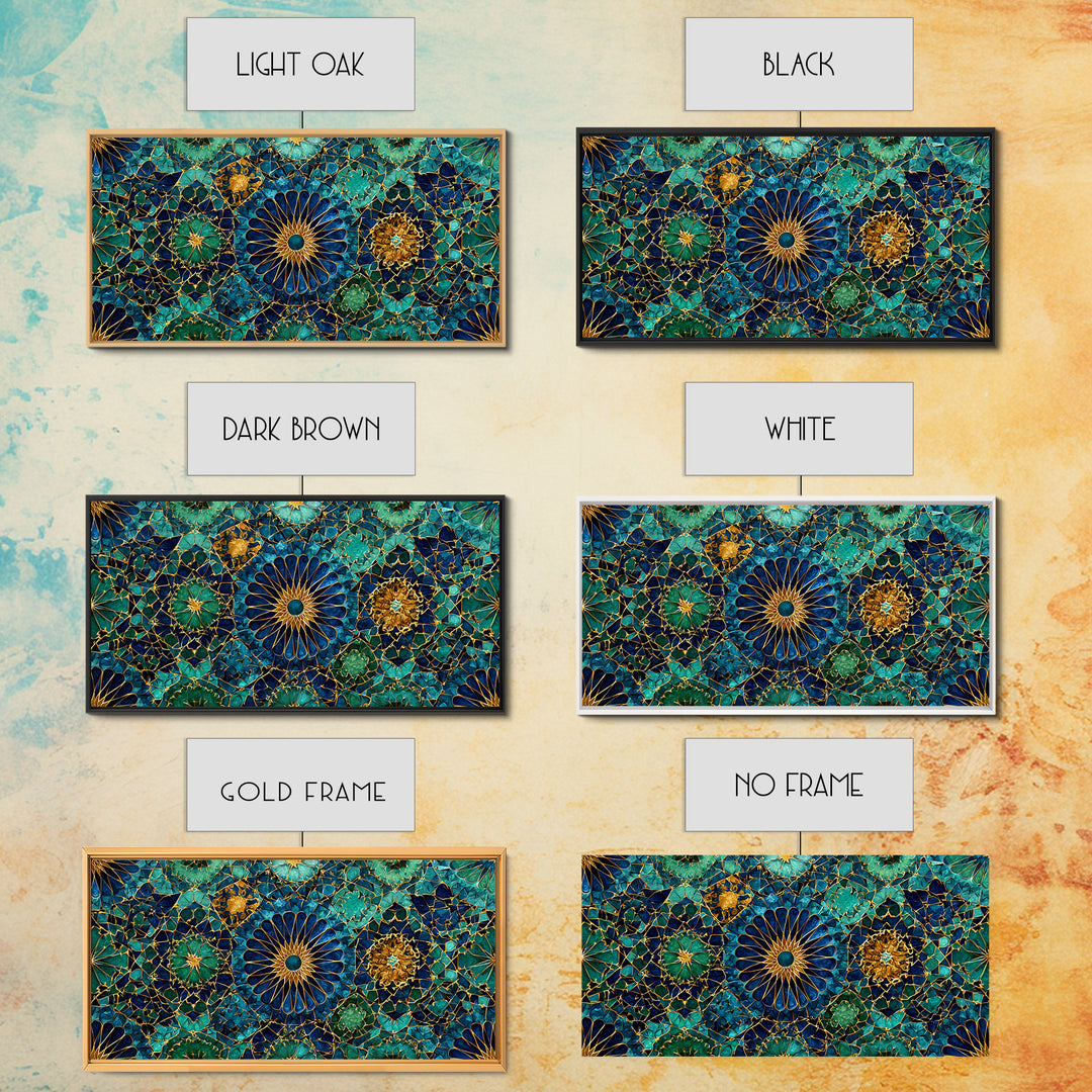 Teal Gold Floral Mosaic Canvas Print, Moroccan Wall Art, Geometric Pattern Decor, Mediterranean Tile Gift For Her, Luxury Home Decor