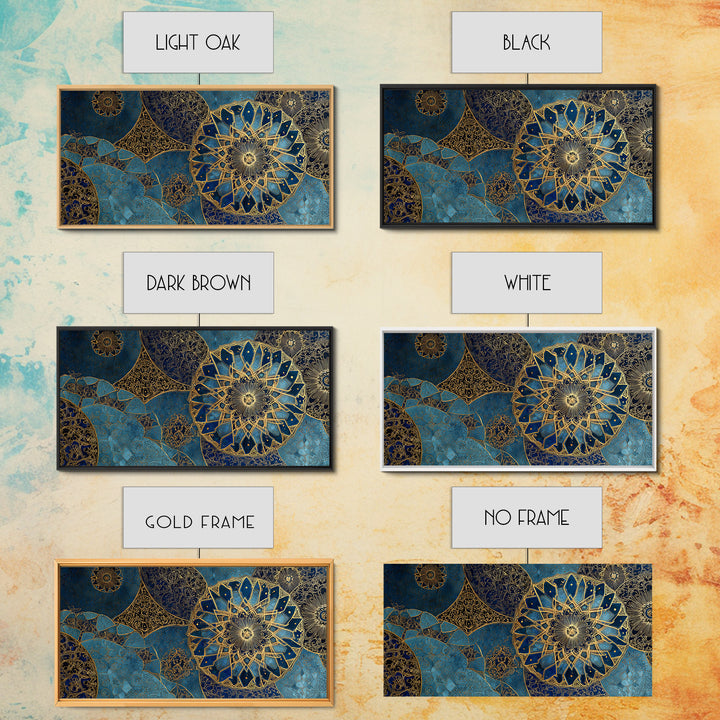 Blue Gold Islamic Mandala Wall Art, Moroccan Geometric Canvas Print, Arabic Home Decor, Large Living Room Wall Decor, Gift