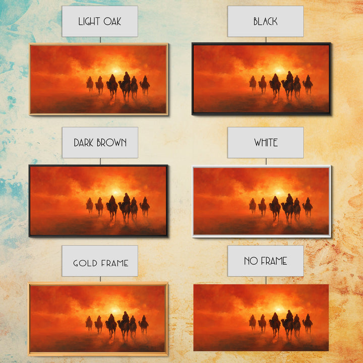 Desert Riders At Blazing Sunset Framed Canvas Print, Western Wall Art, Cowboy Landscape For Rustic Southwestern Home Decor Gift