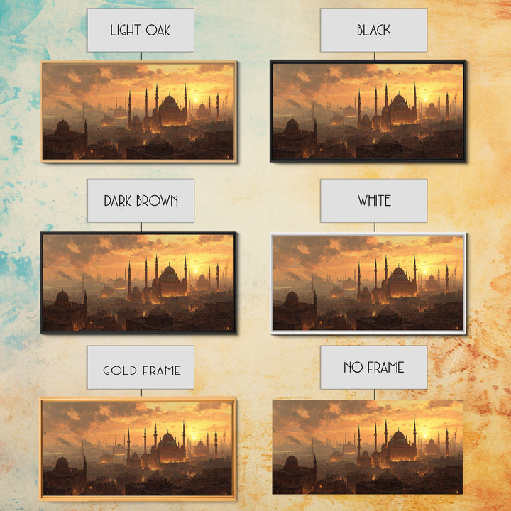 Golden Istanbul Mosque Skyline Wall Art, Islamic Architecture Canvas Print, Sunset Cityscape, Travel Inspired Living Room Decor